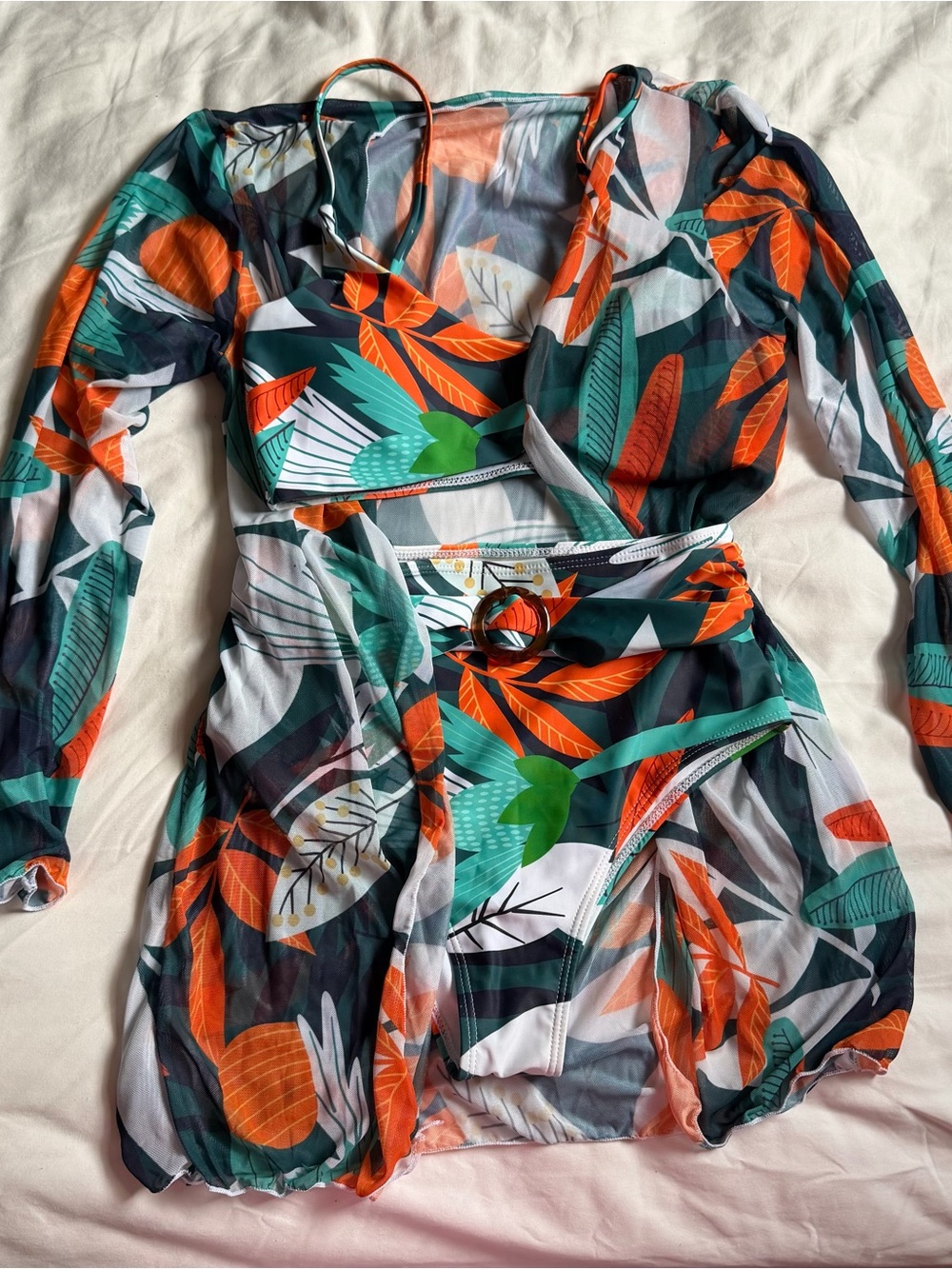 SHEIN Tropical Leaf Mesh Swim Coverup Set in Orange, Green & Black